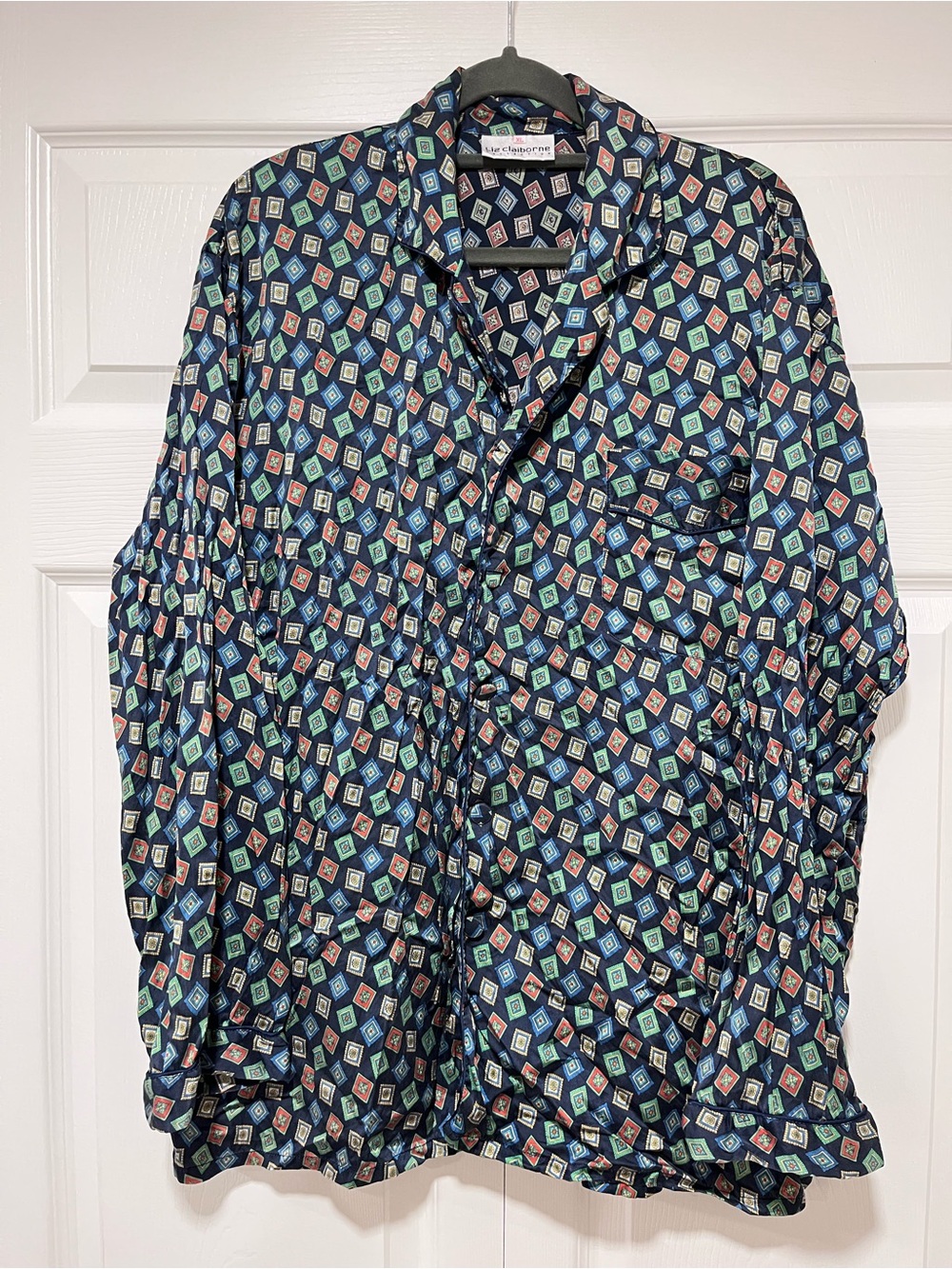 100% Silk Liz Claiborne Navy Multicolor Geometric Button-Down Shirt